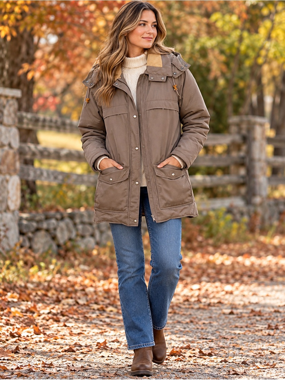 Field & Stream Down Hooded Beige Brown Barn Coat Corduroy Collar Size Small